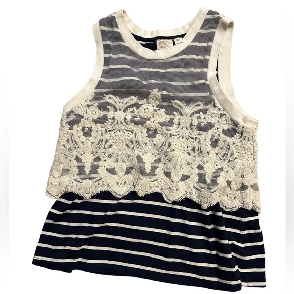 Anthropologie Stripped Tank Top with Lace Overlay Navy White - Picture 1 of 3